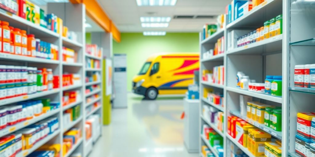 Apotheke mit Medikamenten und Lieferwagen im Hintergrund.